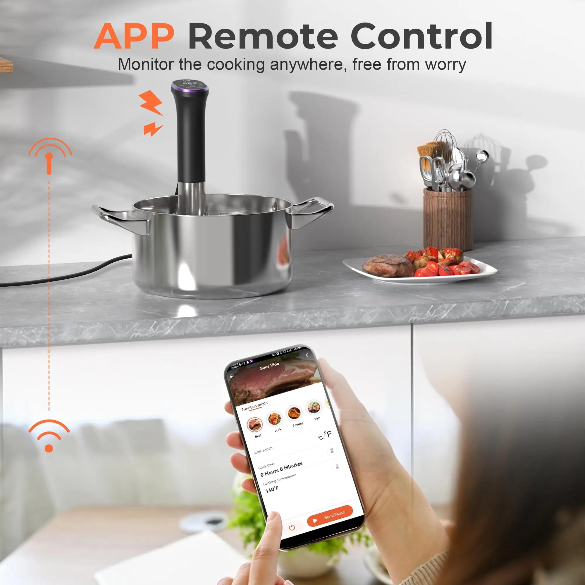 Hobsir Sous Vide Cooker Kit, 1100W Sous Vide Machine, Wifi App Control, Silence Immersion Circulator Slow Cooking Machine, LED