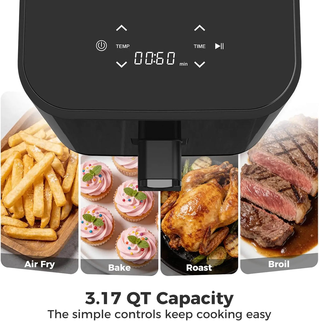 3QT Air Fryer, Small Air Fryer with Digital PP Touch Panel, Black