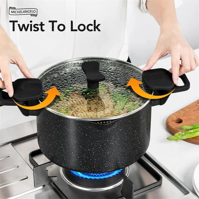 MICHELANGELO Cooking Noodles Pot Double Handle Soup Pot with Strainer Lid Home Induction Cooker Universal Milk Pot Kitchenware