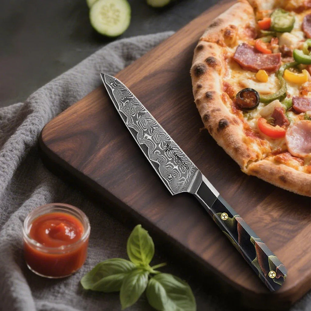 SANMUZUO 5 Inch Utility Kitchen Knife - BI Series Damascus Steel Kitchen Knife - 101 Layer Sharp Blade - Resin Handle