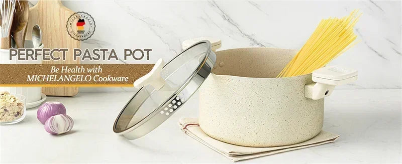 MICHELANGELO Cooking Noodles Pot Double Handle Soup Pot with Strainer Lid Home Induction Cooker Universal Milk Pot Kitchenware