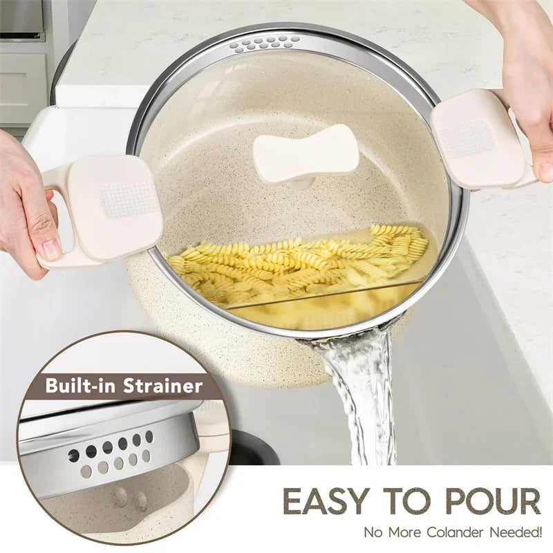 MICHELANGELO Cooking Noodles Pot Double Handle Soup Pot with Strainer Lid Home Induction Cooker Universal Milk Pot Kitchenware