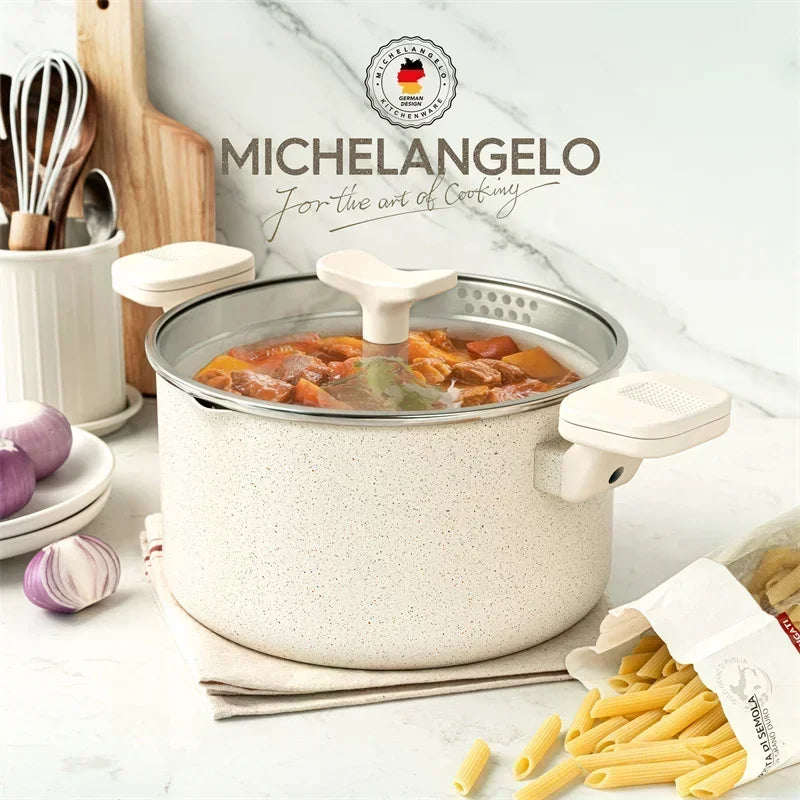 MICHELANGELO Cooking Noodles Pot Double Handle Soup Pot with Strainer Lid Home Induction Cooker Universal Milk Pot Kitchenware