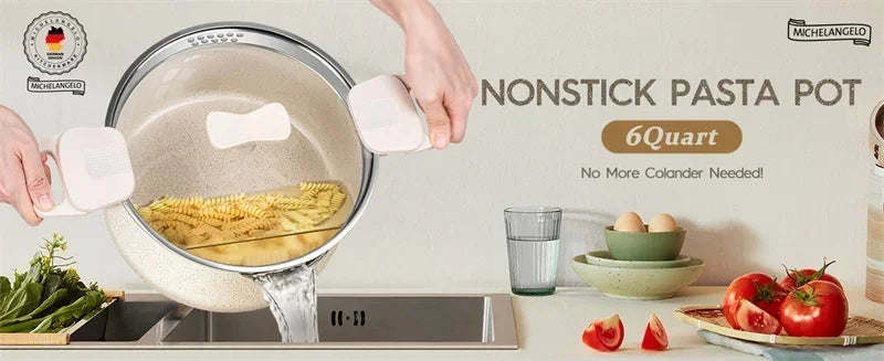 MICHELANGELO Cooking Noodles Pot Double Handle Soup Pot with Strainer Lid Home Induction Cooker Universal Milk Pot Kitchenware