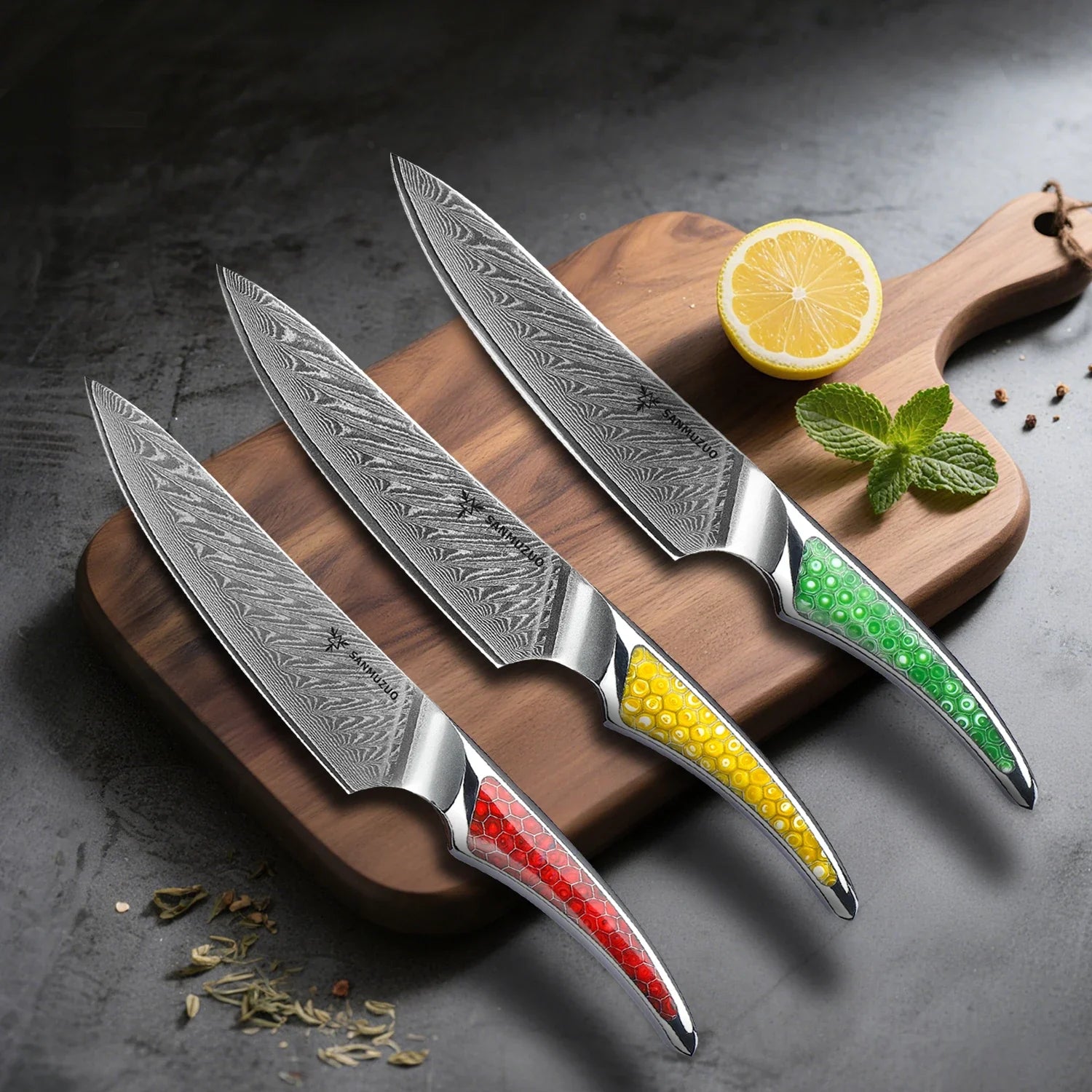 SANMUZUO 5 Inch Damascus Utility Knife - LAS9 Series VG-10 Core Steel Kitchen Chef Knife - Resin Handle for Fruit Vegetable Meat