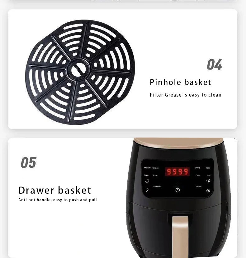 New 6l Large Capacity Digital Touch Air Fryer Multi Use Non Stick Energy Saving Easy Clean Oven For Household Kitchen Cooking
