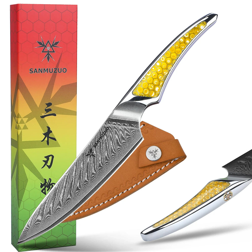 SANMUZUO 5 Inch Damascus Utility Knife - LAS9 Series VG-10 Core Steel Kitchen Chef Knife - Resin Handle for Fruit Vegetable Meat