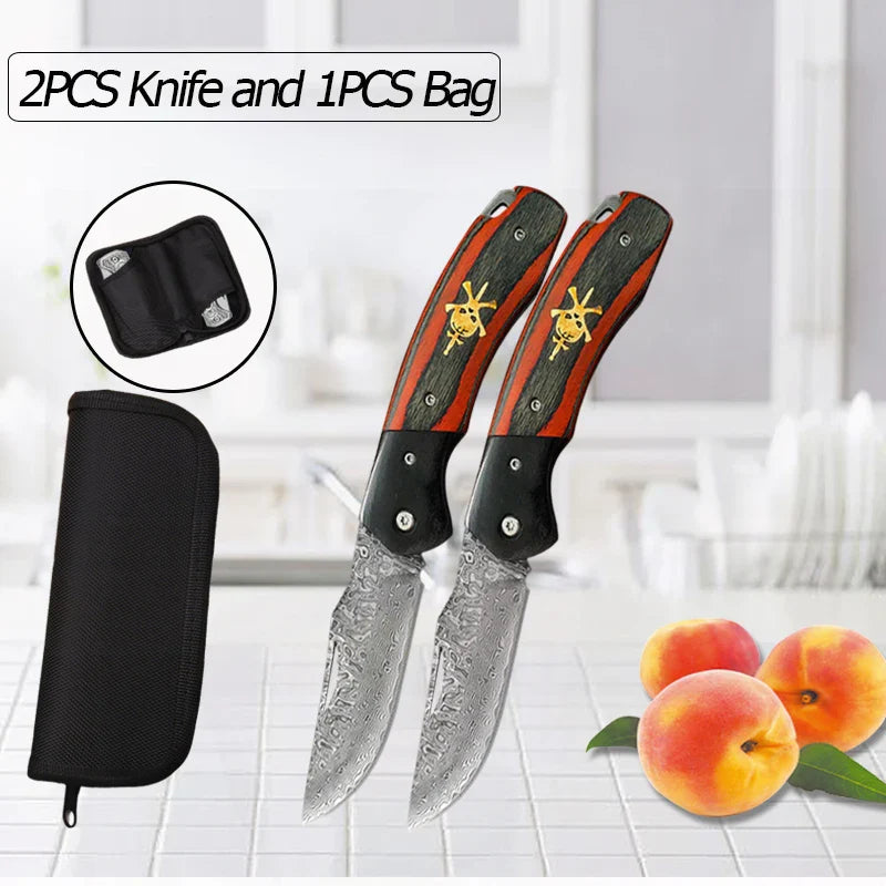 WXCOO Damascus Steel Folding Knife Non-Slip Handle Pocket Knife Stainless Steel Meat Cleaver BBQ Kitchen Knife with Sheath