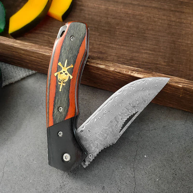WXCOO Damascus Steel Folding Knife Non-Slip Handle Pocket Knife Stainless Steel Meat Cleaver BBQ Kitchen Knife with Sheath