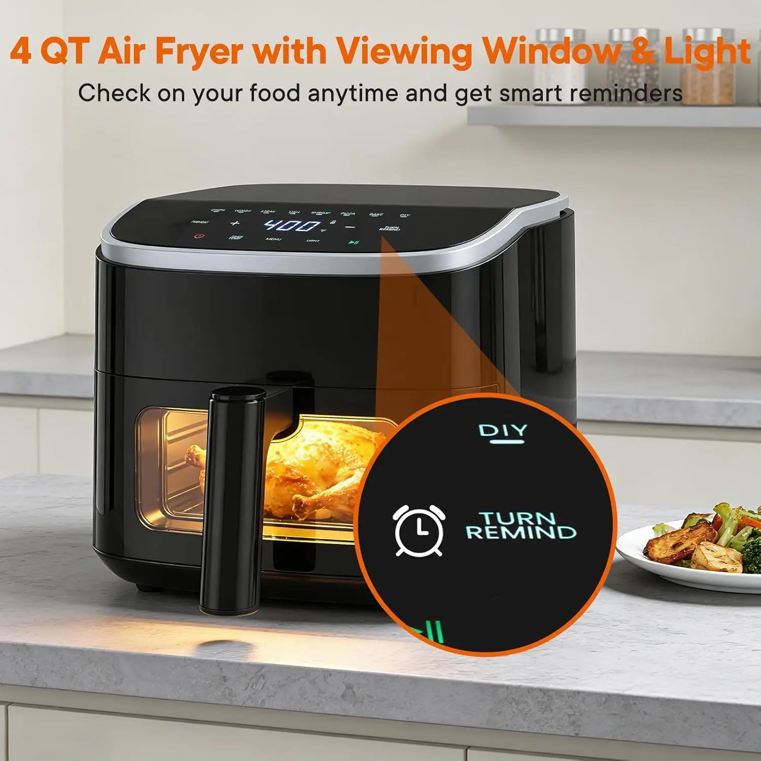 4QT Air Fryer with Visible Window, 1500W Digital Touchscreen Air Fryer with 8 Presets, Black