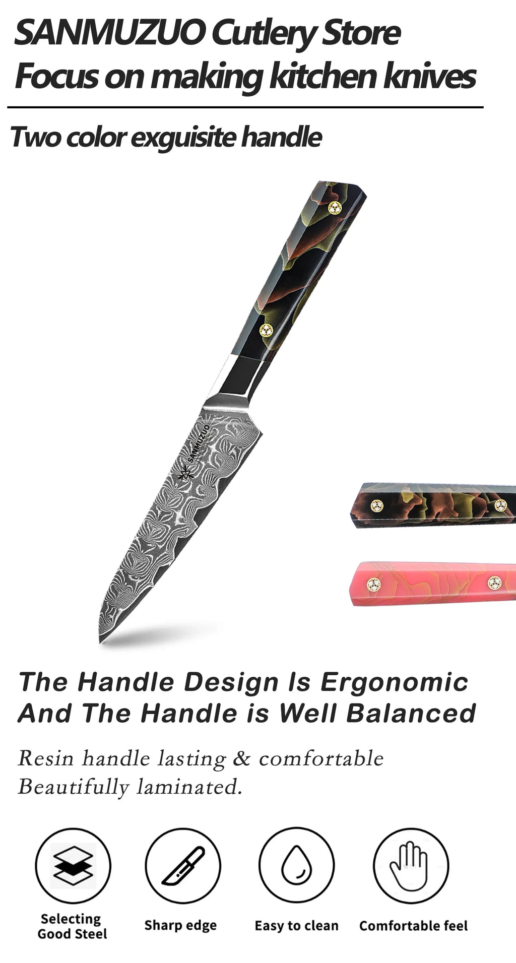 SANMUZUO 5 Inch Utility Kitchen Knife - BI Series Damascus Steel Kitchen Knife - 101 Layer Sharp Blade - Resin Handle