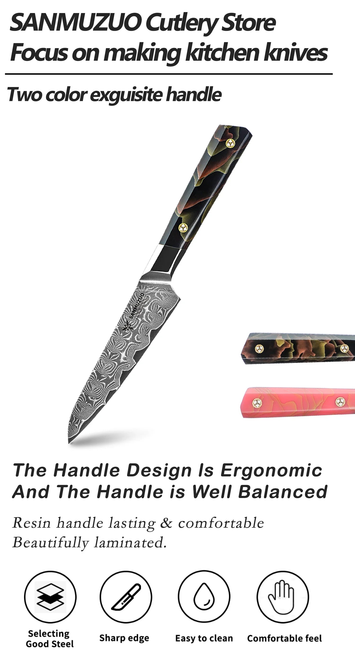 SANMUZUO 5 Inch Utility Kitchen Knife - BI Series Damascus Steel Kitchen Knife - 101 Layer Sharp Blade - Resin Handle