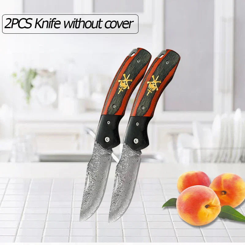 WXCOO Damascus Steel Folding Knife Non-Slip Handle Pocket Knife Stainless Steel Meat Cleaver BBQ Kitchen Knife with Sheath