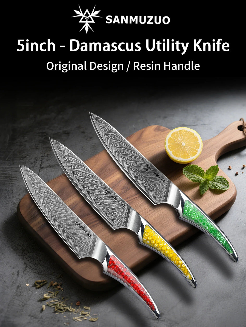 SANMUZUO 5 Inch Damascus Utility Knife - LAS9 Series VG-10 Core Steel Kitchen Chef Knife - Resin Handle for Fruit Vegetable Meat