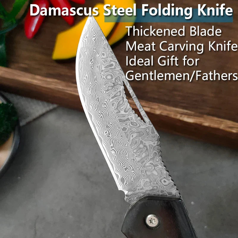 WXCOO Damascus Steel Folding Knife Non-Slip Handle Pocket Knife Stainless Steel Meat Cleaver BBQ Kitchen Knife with Sheath