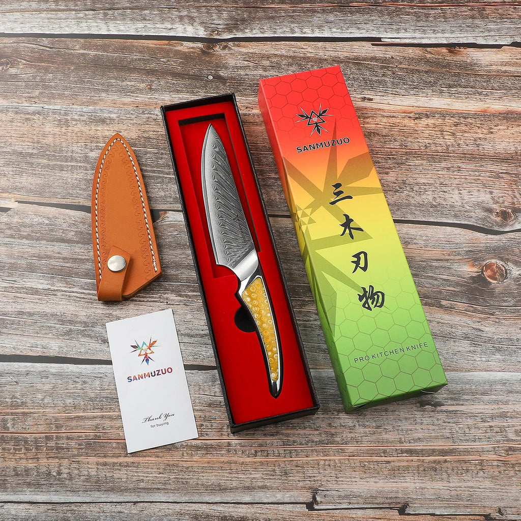 SANMUZUO 5 Inch Damascus Utility Knife - LAS9 Series VG-10 Core Steel Kitchen Chef Knife - Resin Handle for Fruit Vegetable Meat